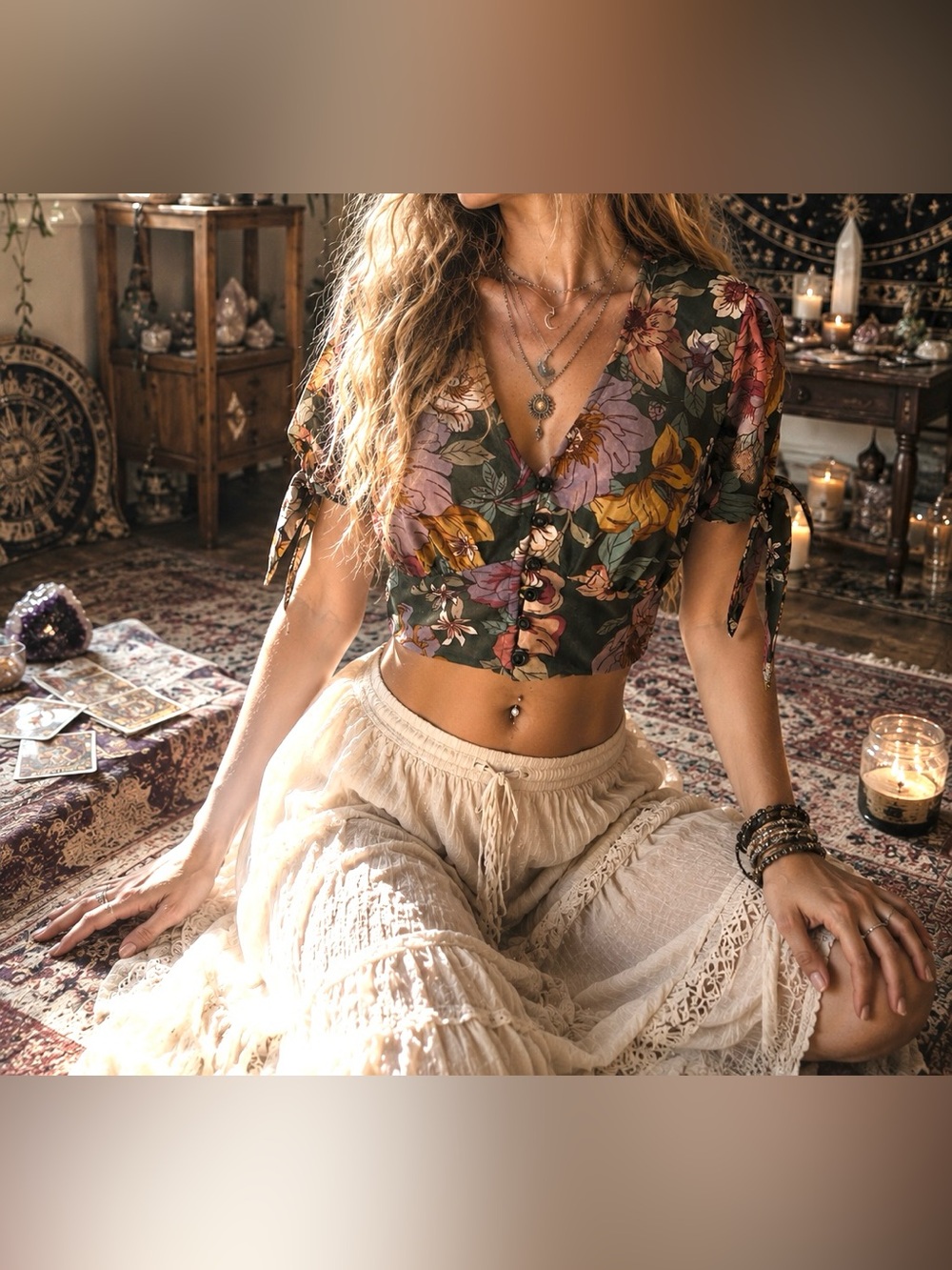 Dolls Hippie Boho Floral Tie-Sleeve V-Neck Crop Top in Olive Green- Women’s